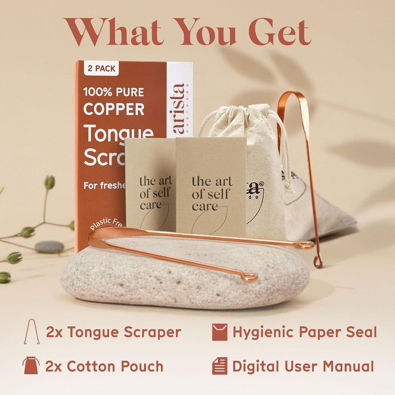 Arista What You Get graphic listing 2x tongue scraper, 2x cotton pouch, hygienic paper seal and digital user manual alongside the retail box