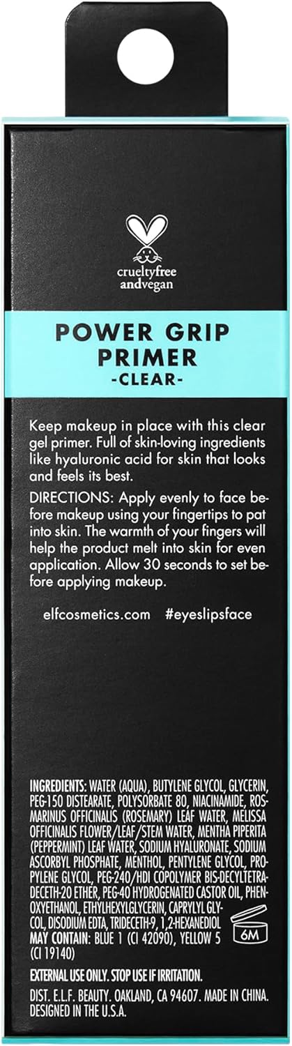 Back of the e.l.f. Power Grip Primer box showing the full ingredient list, directions and cruelty-free and vegan logo