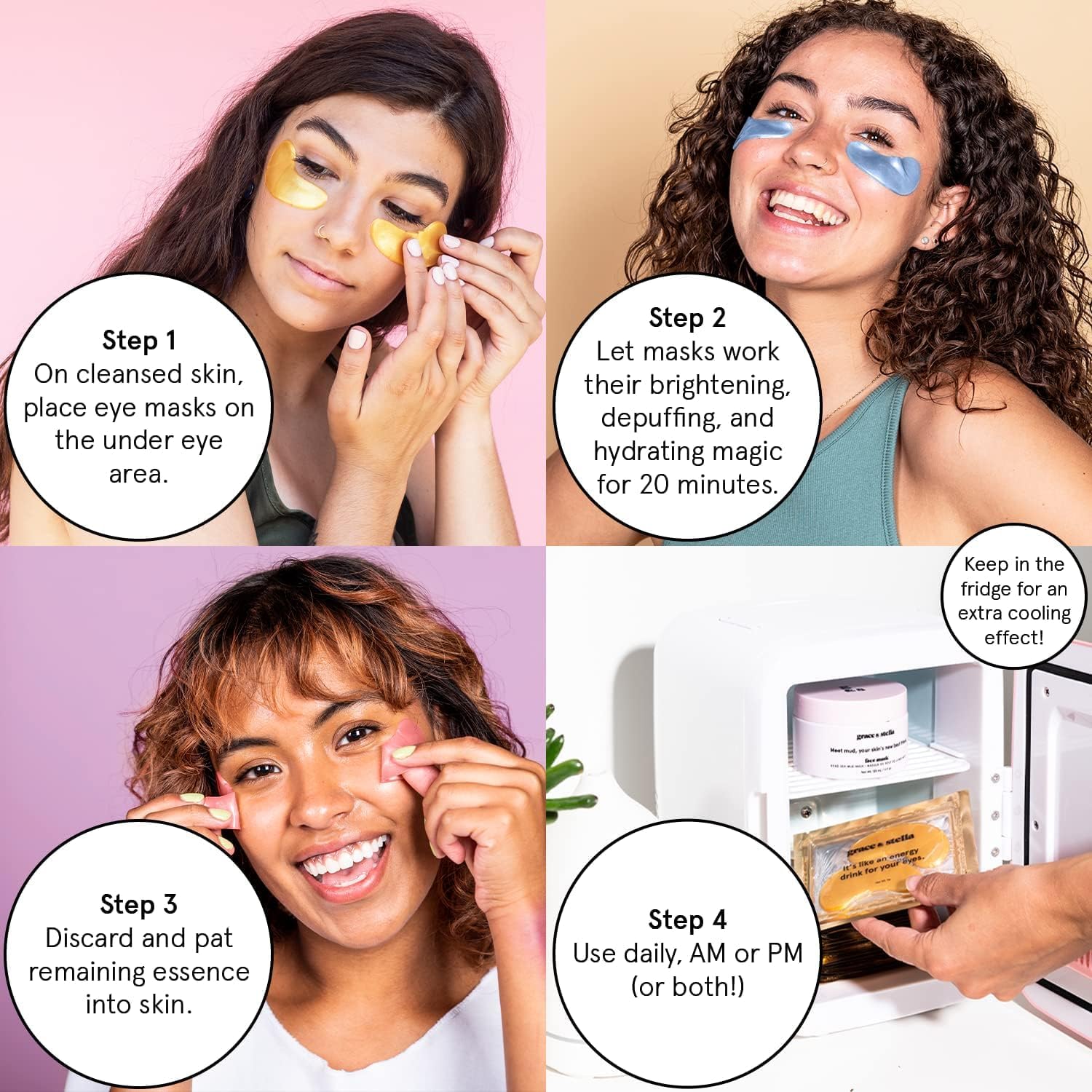 Four-step usage guide for the eye masks showing 20-minute wear and the keep-in-the-fridge tip