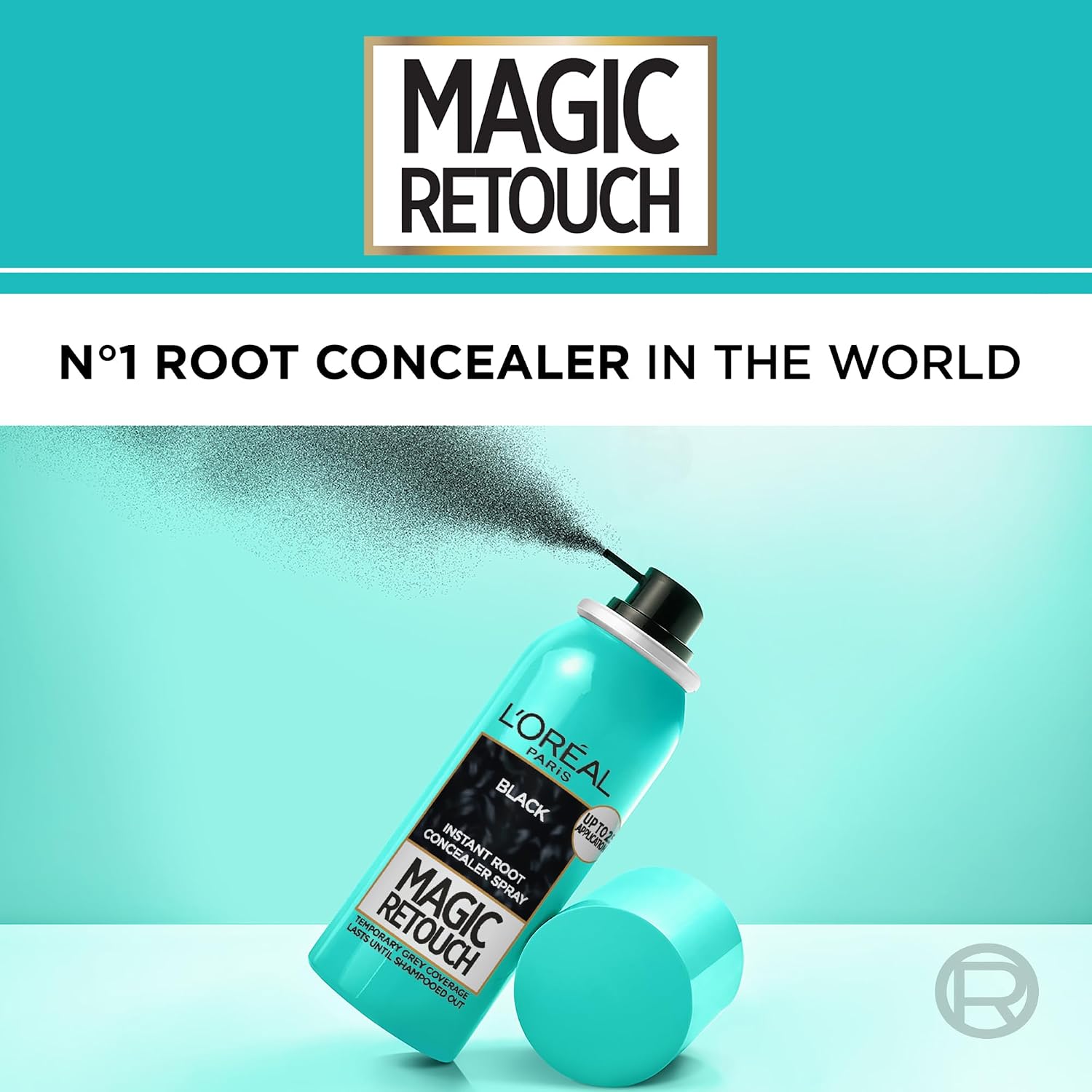 Black Magic Retouch aerosol spraying a fine dark mist, from the number one root concealer listing panel