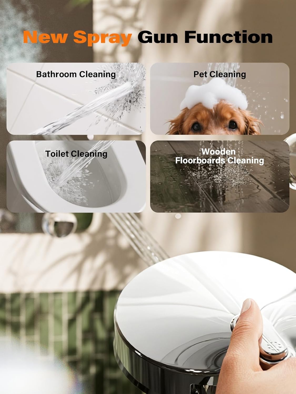 Cobbe listing graphic showing the power wash jet used for bathroom, toilet, floorboard and pet cleaning