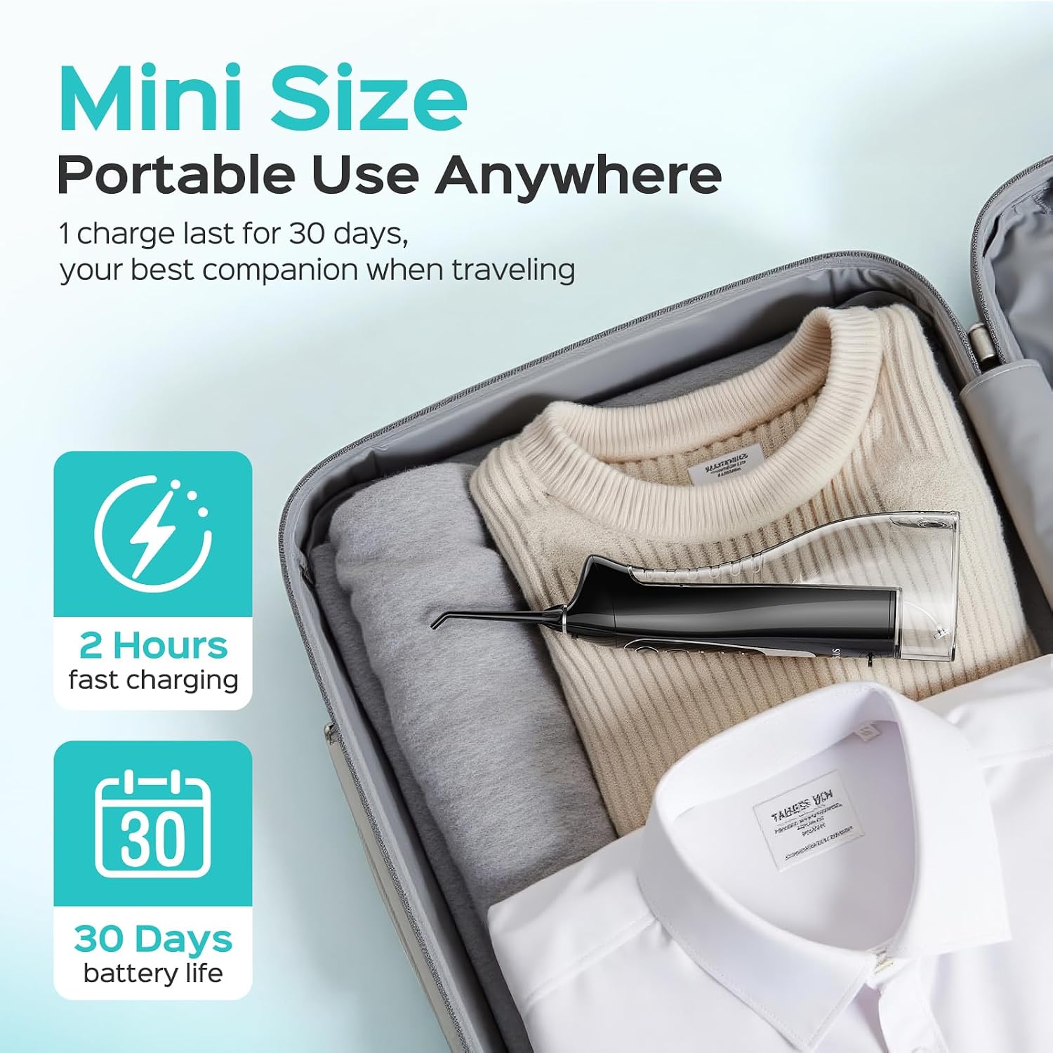 COSLUS water flosser packed in a suitcase with two hour fast charging and 30 day battery life callouts