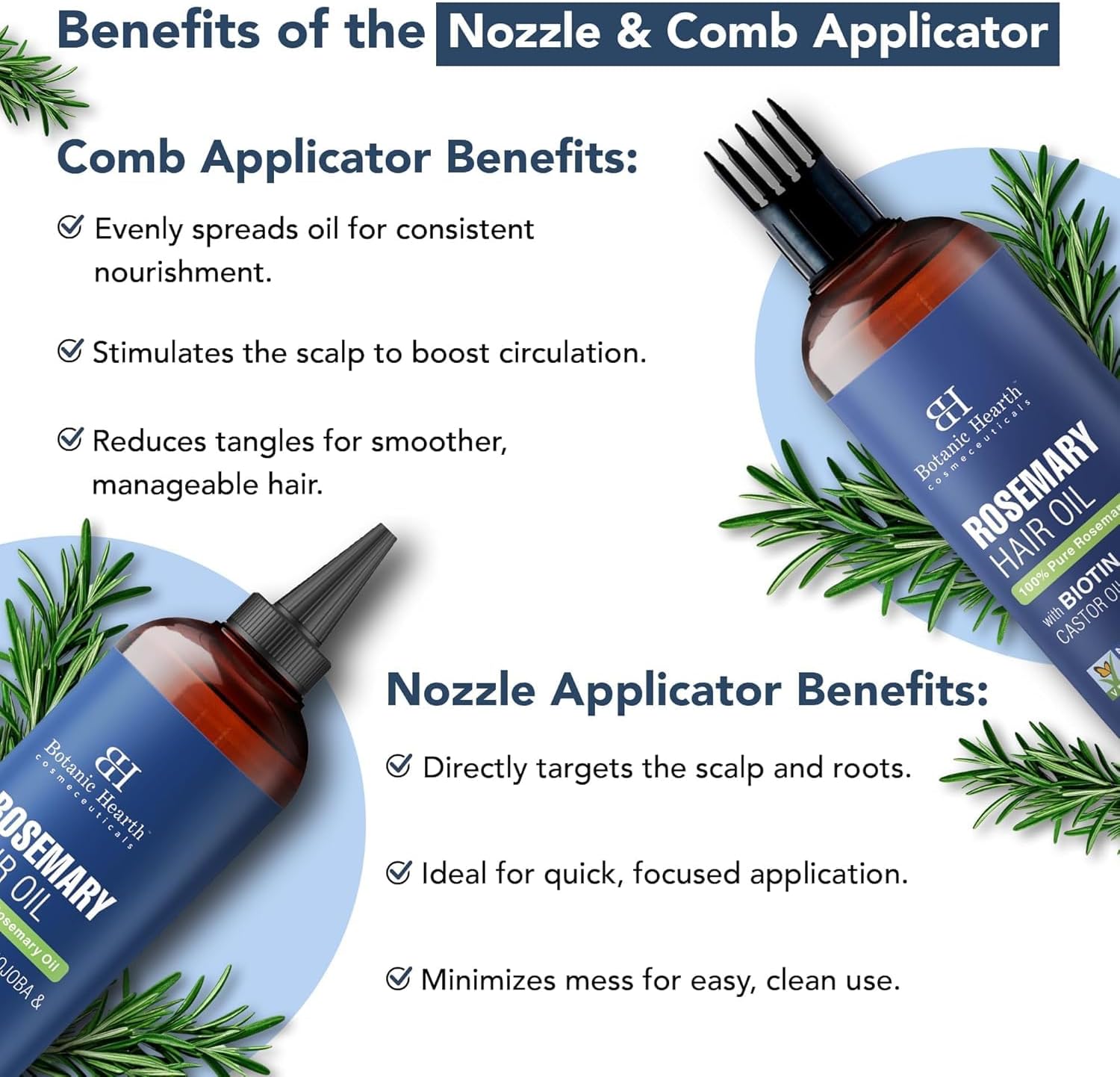 Listing infographic of the comb and nozzle applicator heads and their claimed benefits