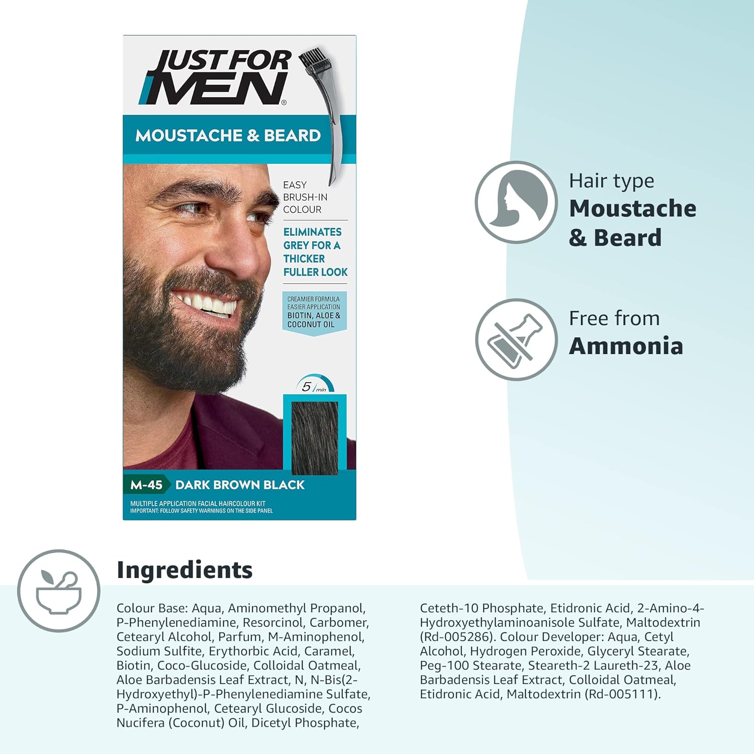 Just For Men Dark Brown M45 box showing ammonia-free label and ingredient information