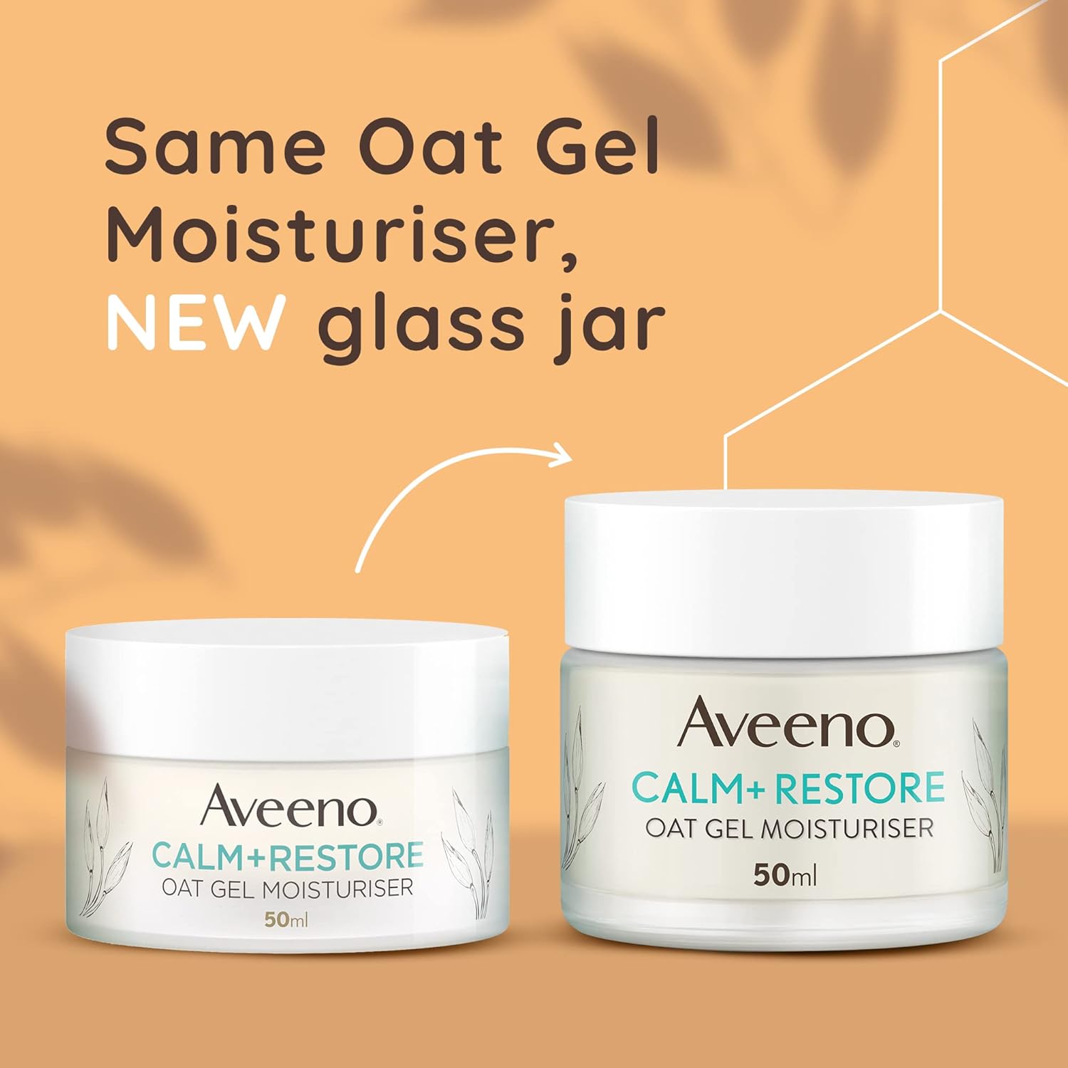 Aveeno Calm+Restore packaging showing old plastic and new glass jar versions side by side