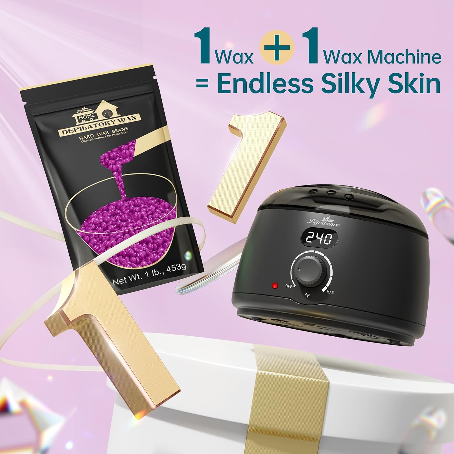 Lifestance graphic pairing the wax bead pouch with a separate wax warmer whose display reads 240 Fahrenheit