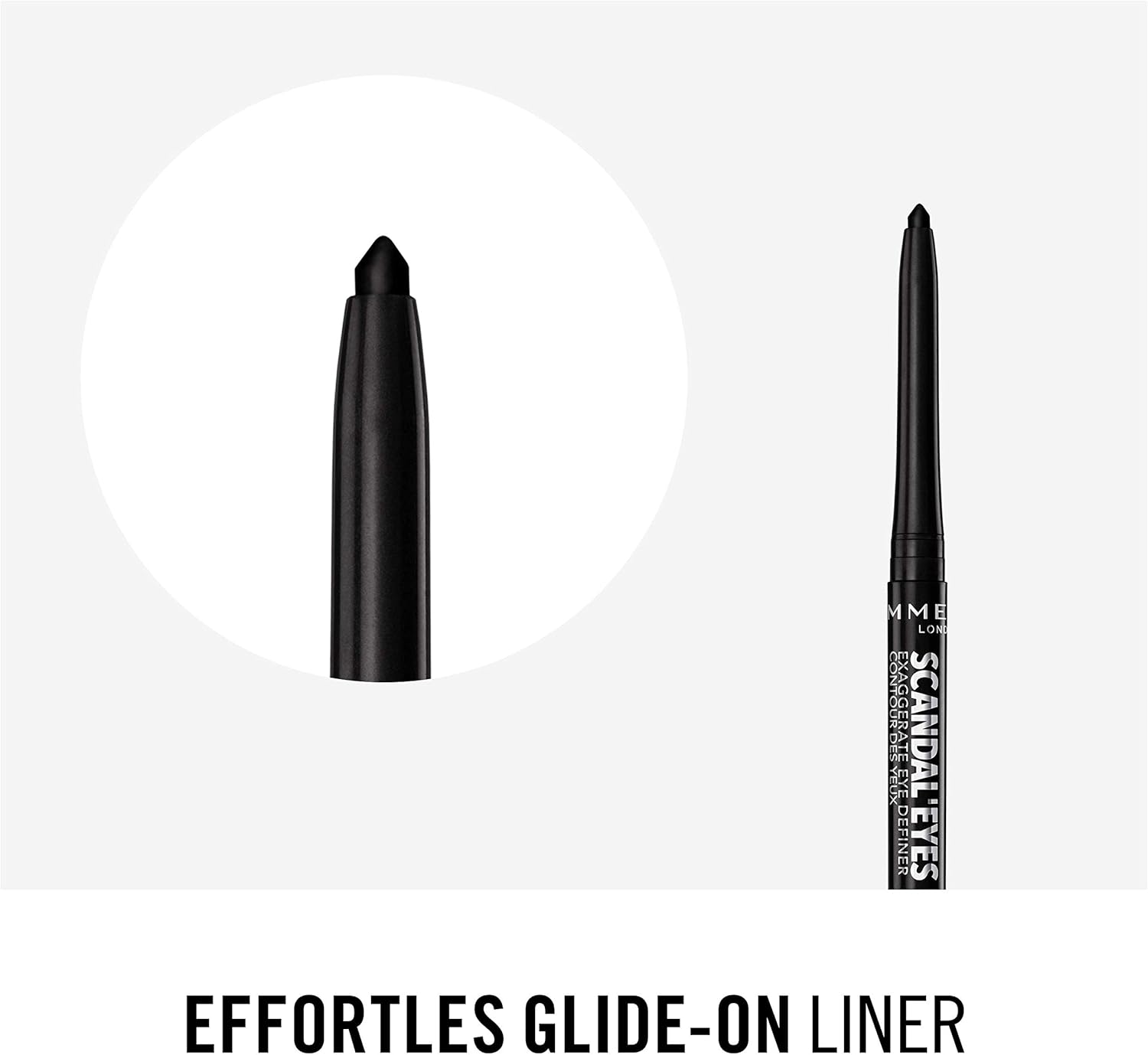 Close up of the Rimmel Scandaleyes Exaggerate Eye Definer tip showing effortless glide on formula