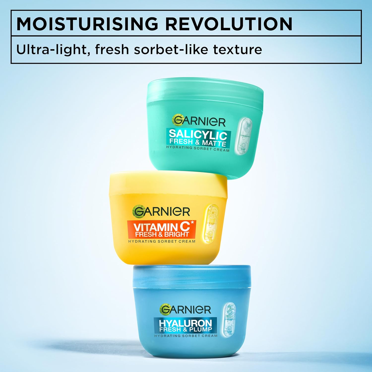 Hand applying Garnier Hyaluron sorbet cream showing the lightweight gel texture