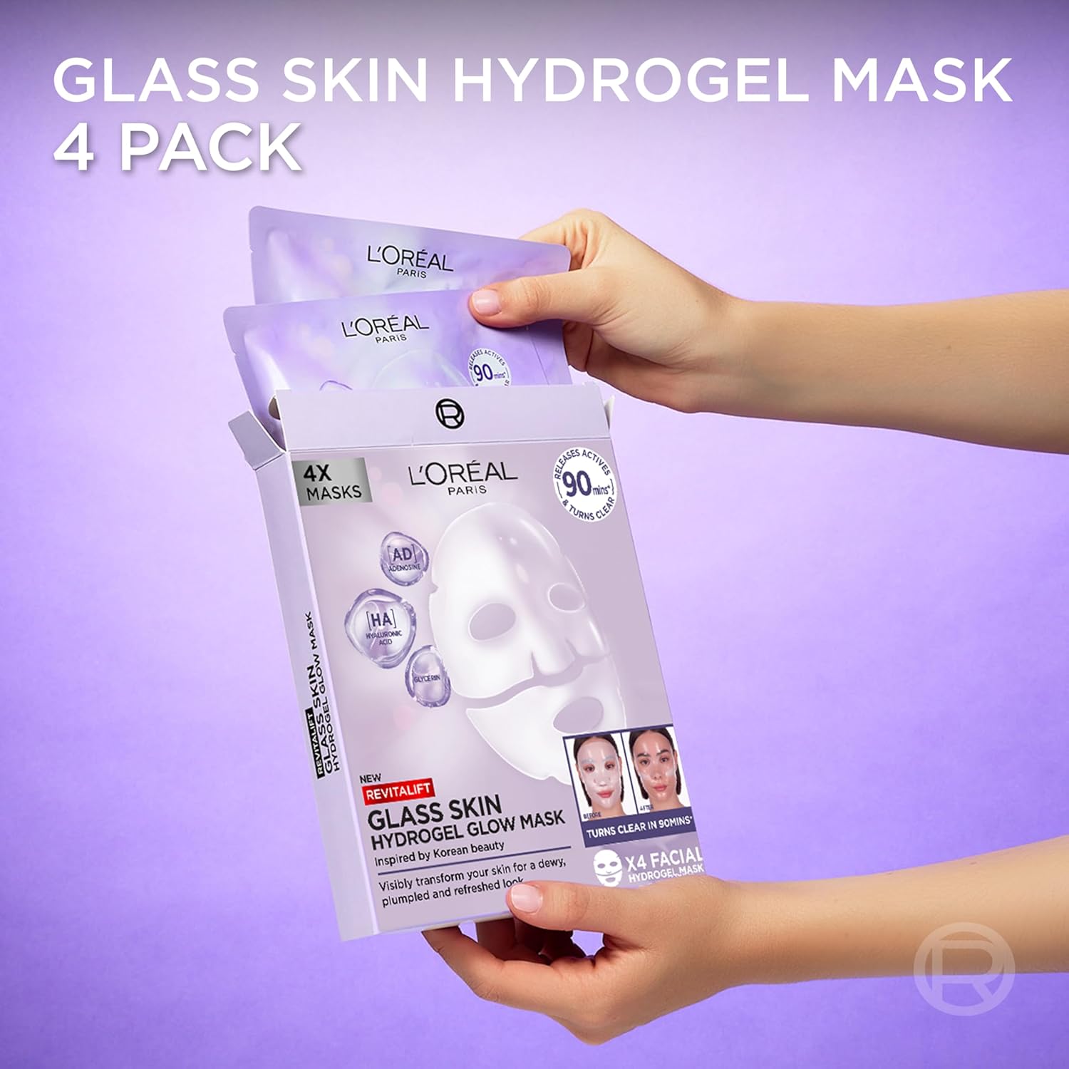 Lifestyle shot of the L'Oreal glass skin hydrogel mask in use