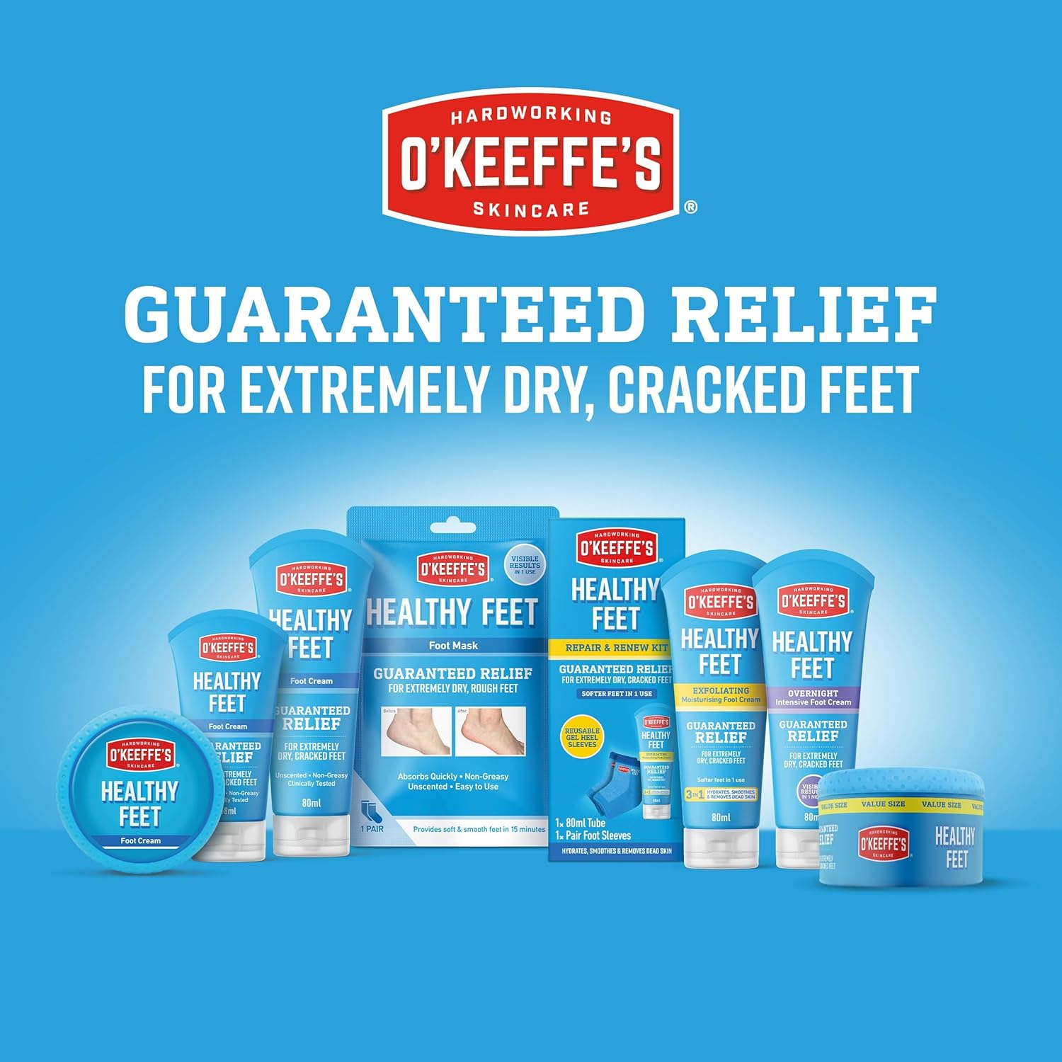 O'Keeffe's Healthy Feet 91g tub viewed from a lifestyle angle on a soft background