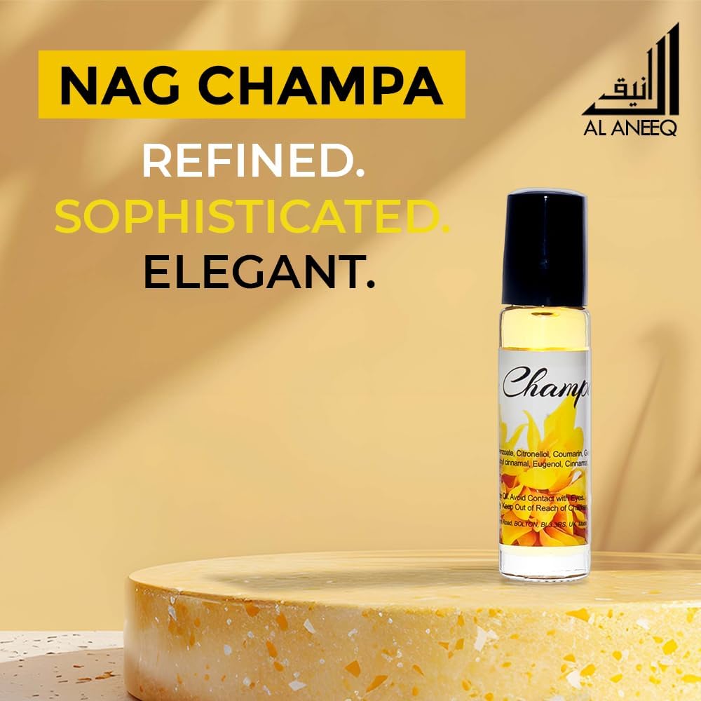 AL ANEEQ Nag Champa roll-on perfume oil bottle on a stone surface