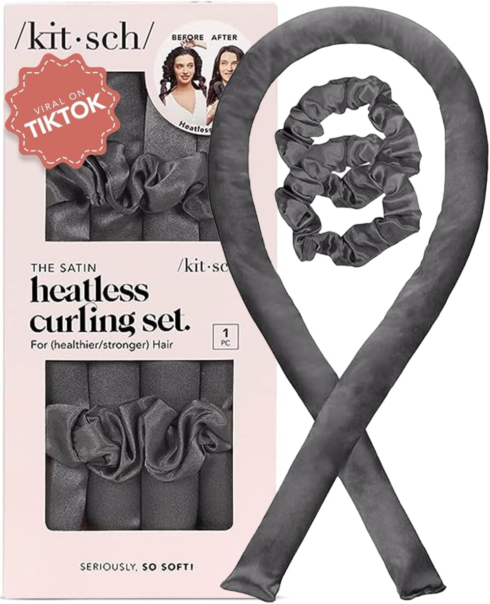 Charcoal Kitsch heatless curling set laid out beside its pink retail box
