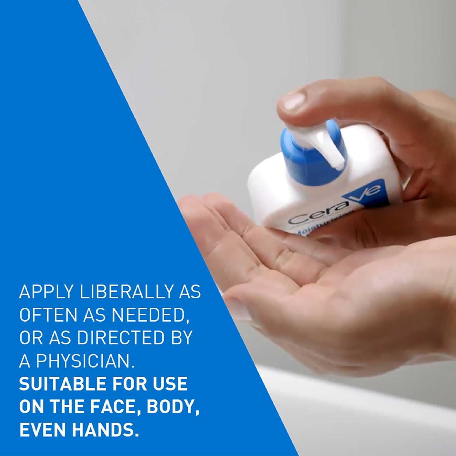 A hand pressing the pump on the CeraVe Moisturising Lotion bottle to dispense lotion into a palm