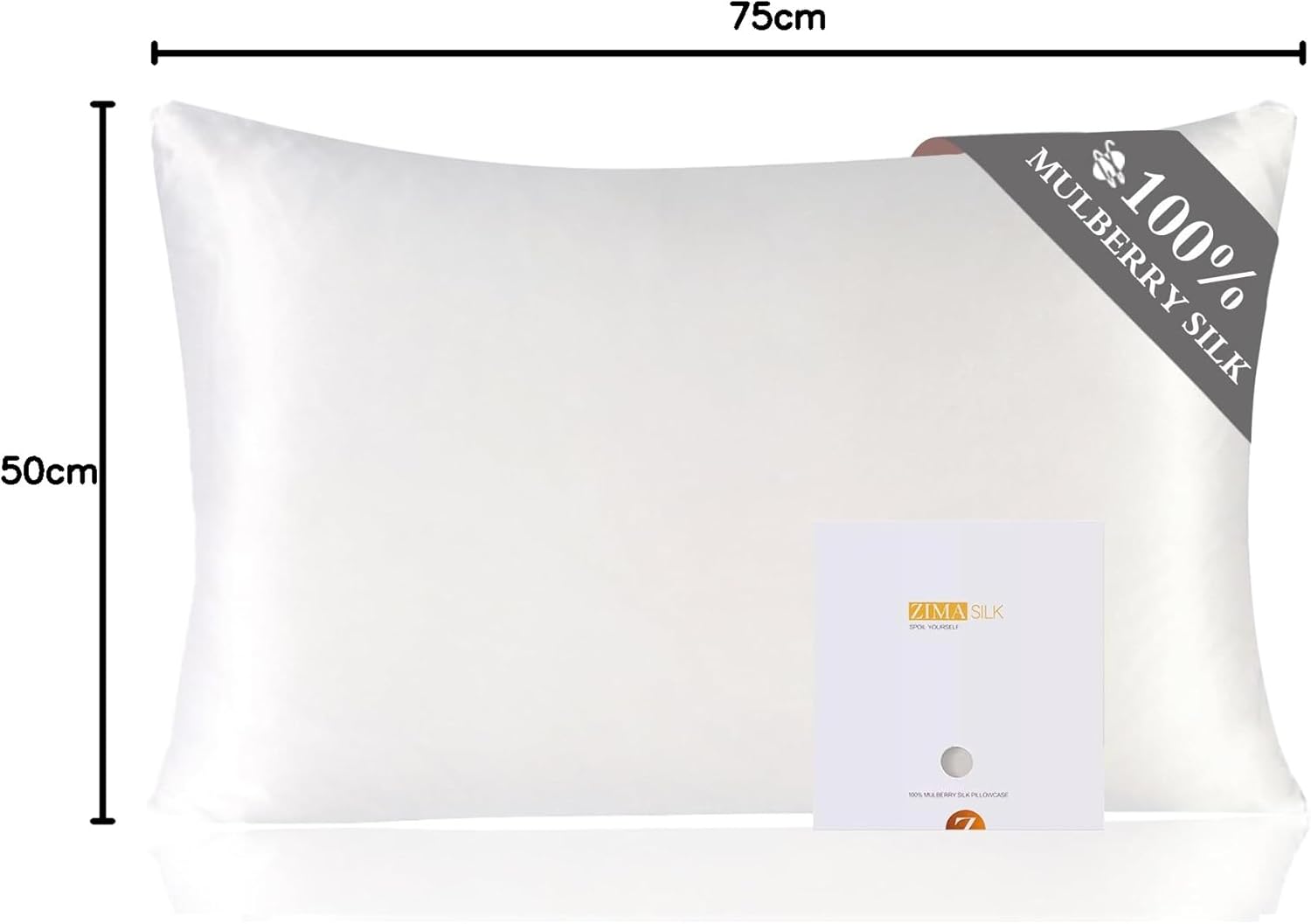 Diagram of the ZIMASILK pillowcase showing its 75 cm by 50 cm dimensions