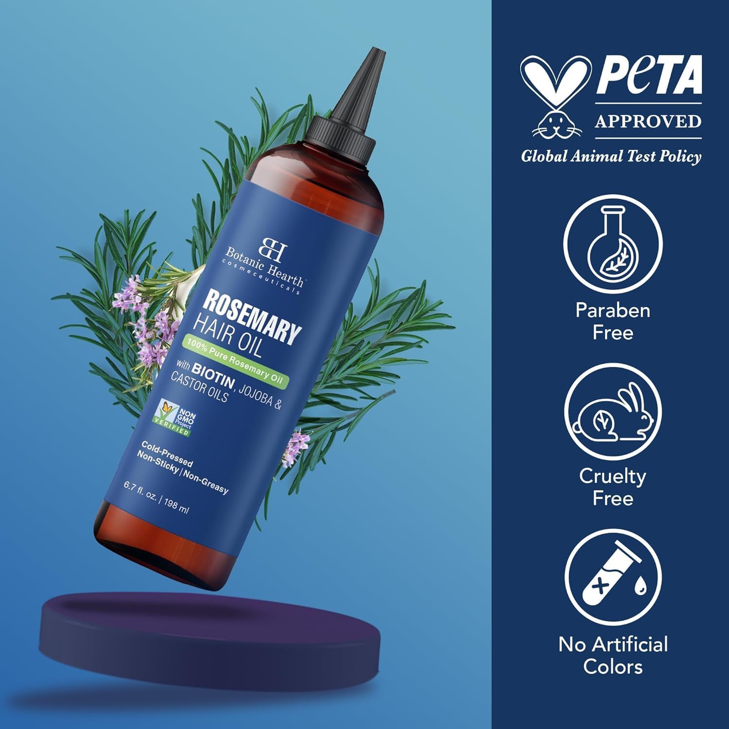 Botanic Hearth Rosemary Hair Oil bottle beside rosemary sprigs with PETA approved, paraben free and cruelty free badges