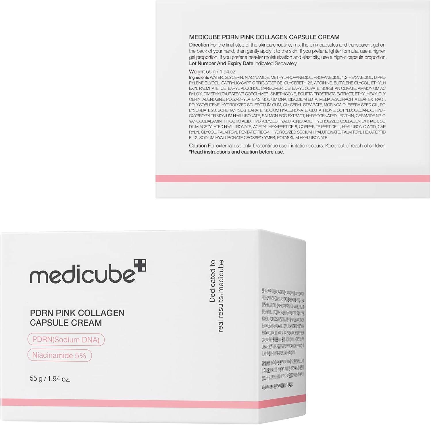 medicube outer carton showing directions, weight, full ingredients and the caution to discontinue use if irritation occurs