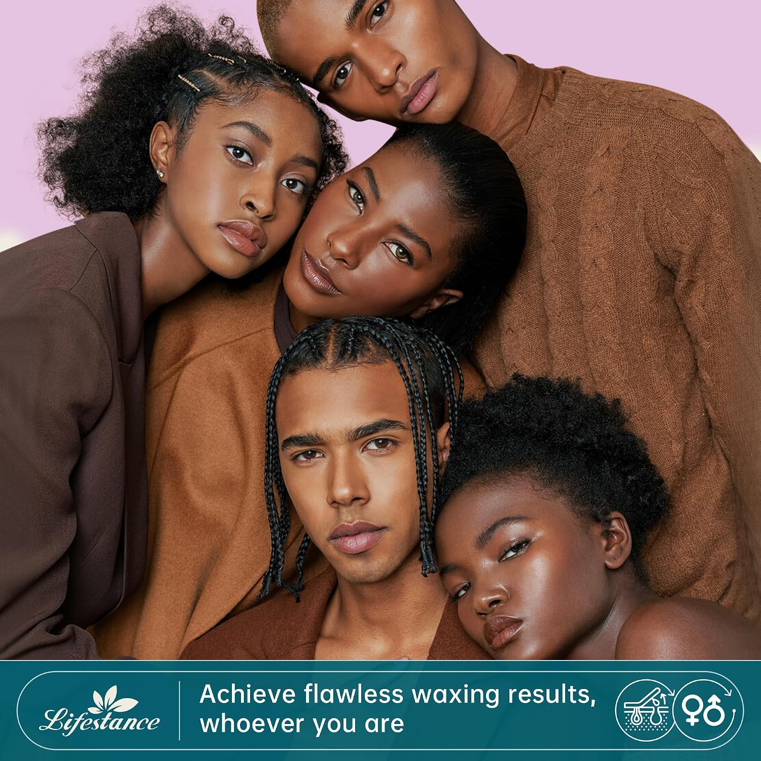 Lifestance promotional banner of five models posed together above a teal bar reading achieve flawless waxing results, whoever you are