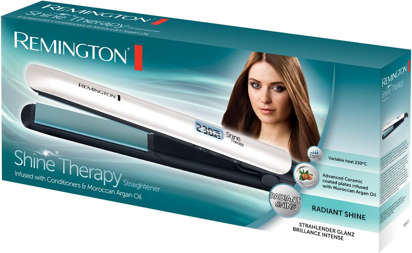 Remington Shine Therapy straightener back label showing settings and specifications