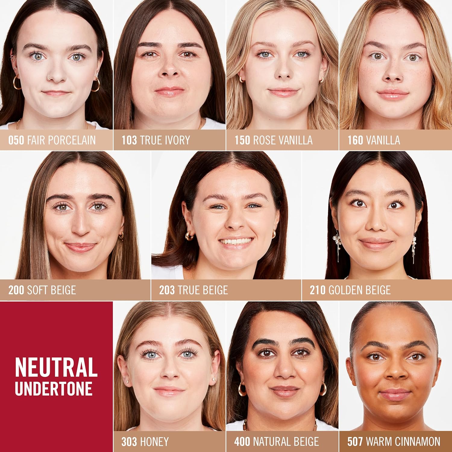 Neutral undertone shade grid featuring Rimmel Lasting Finish 35HR Foundation 200 Soft Beige