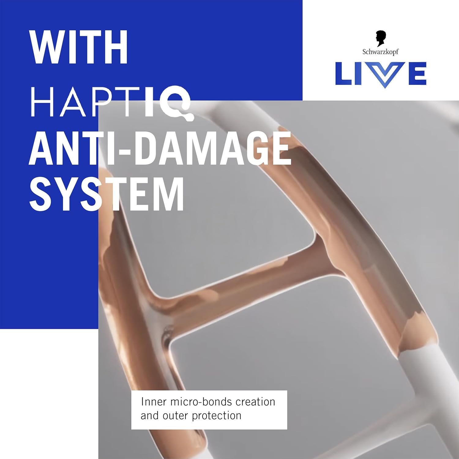 Schwarzkopf HAPTIQ anti-damage system illustration showing hair bond protection