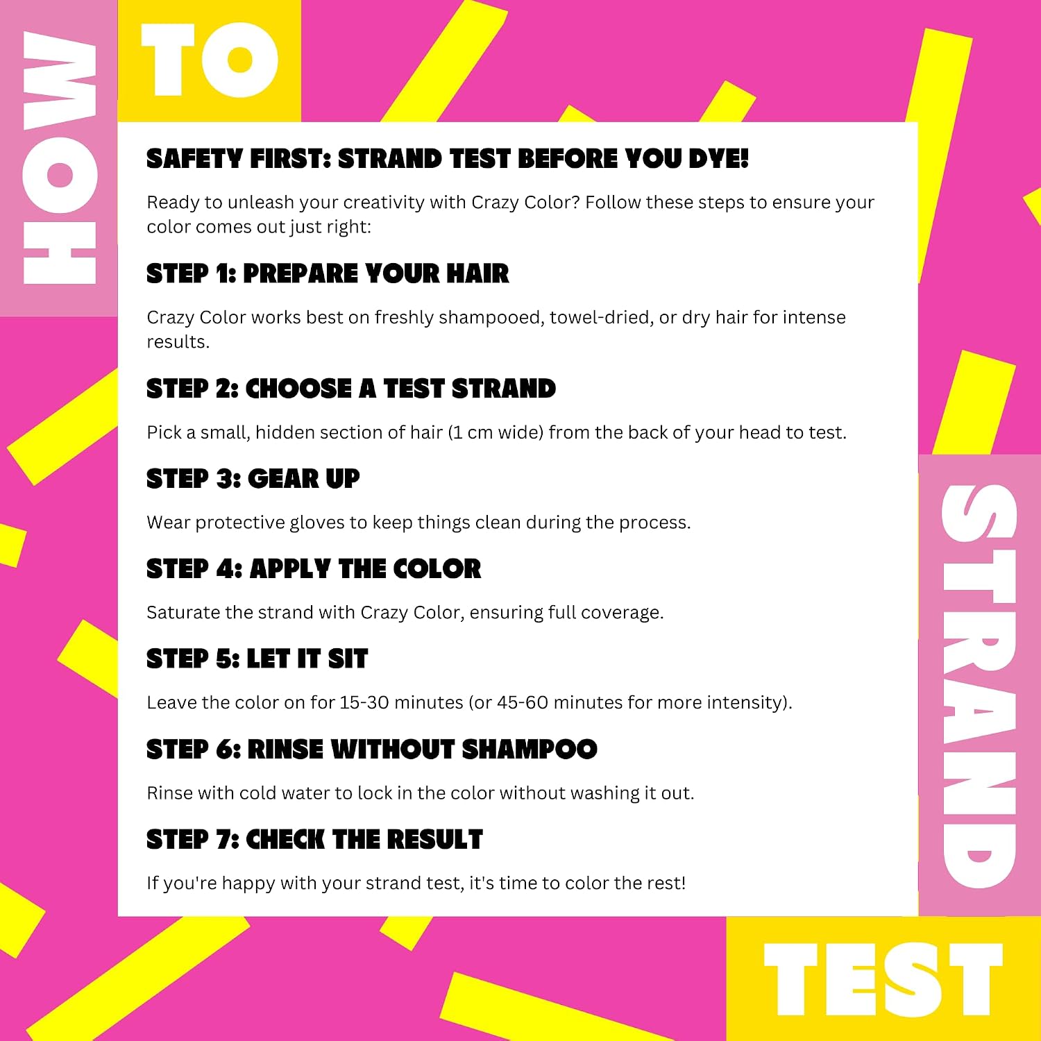 Crazy Color how-to strand test infographic with seven steps from preparing hair to checking the result