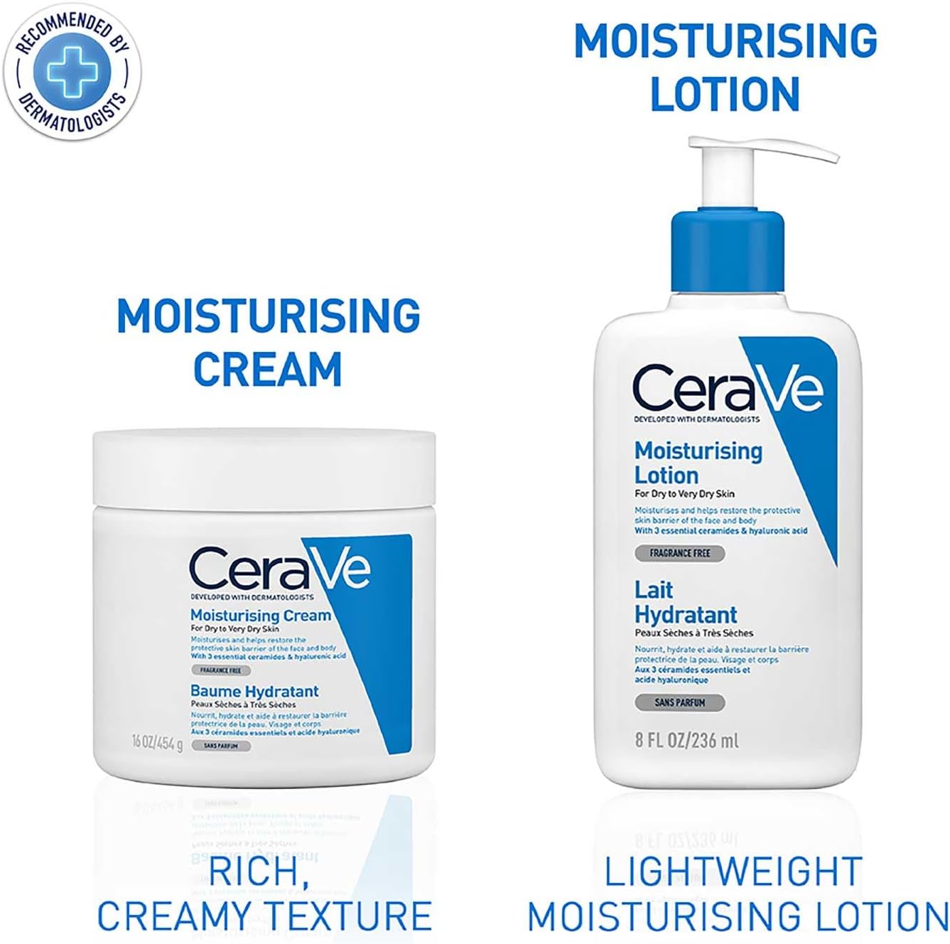 CeraVe Moisturising Cream 454 g tub photographed beside the 236 ml Moisturising Lotion pump bottle
