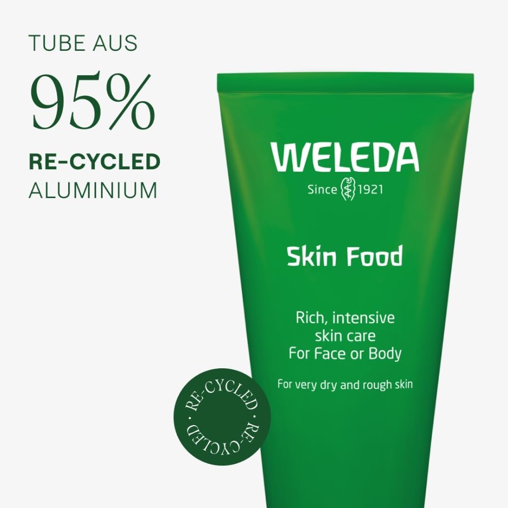 Weleda Skin Food recycled aluminium tube showing sustainability credentials and packaging