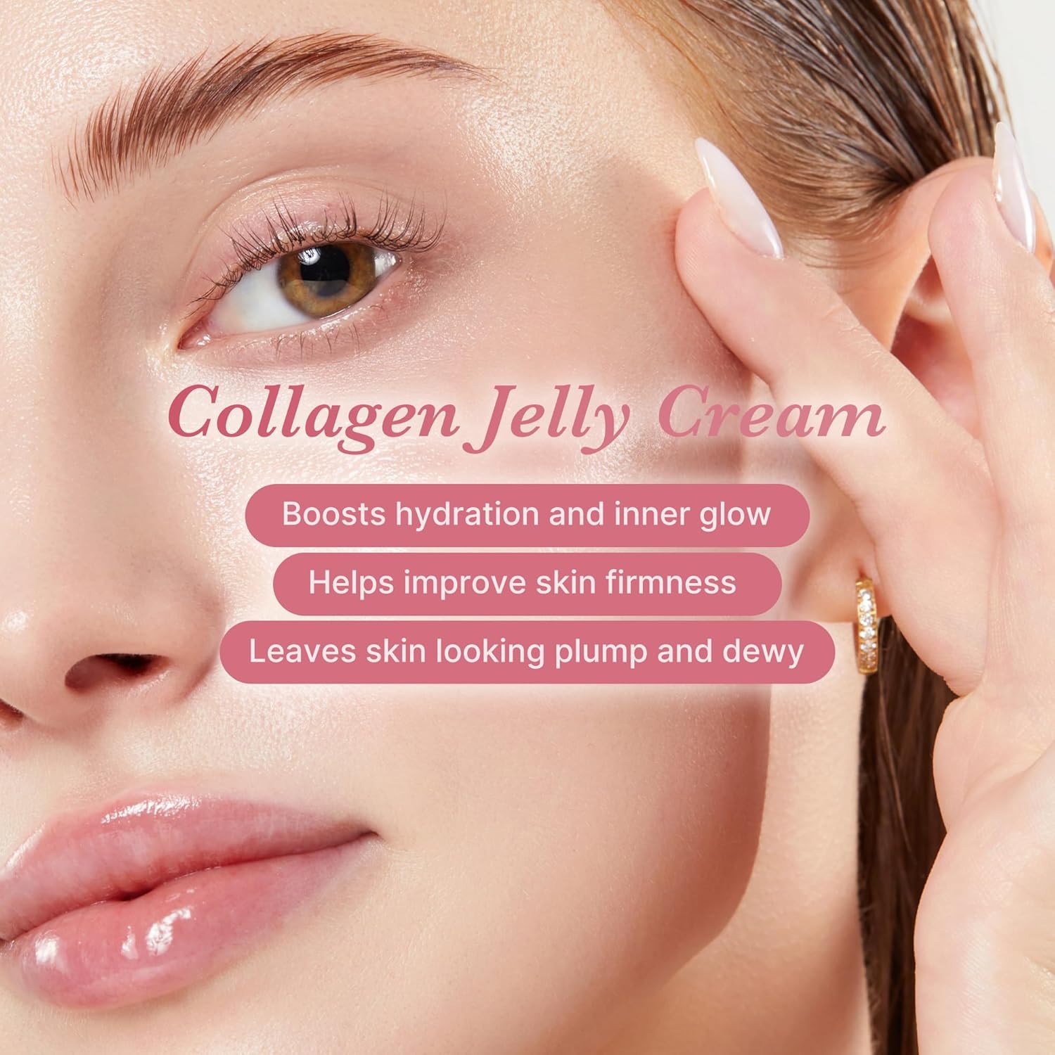Close-up of model with glowing hydrated skin after using medicube Collagen Jelly Cream