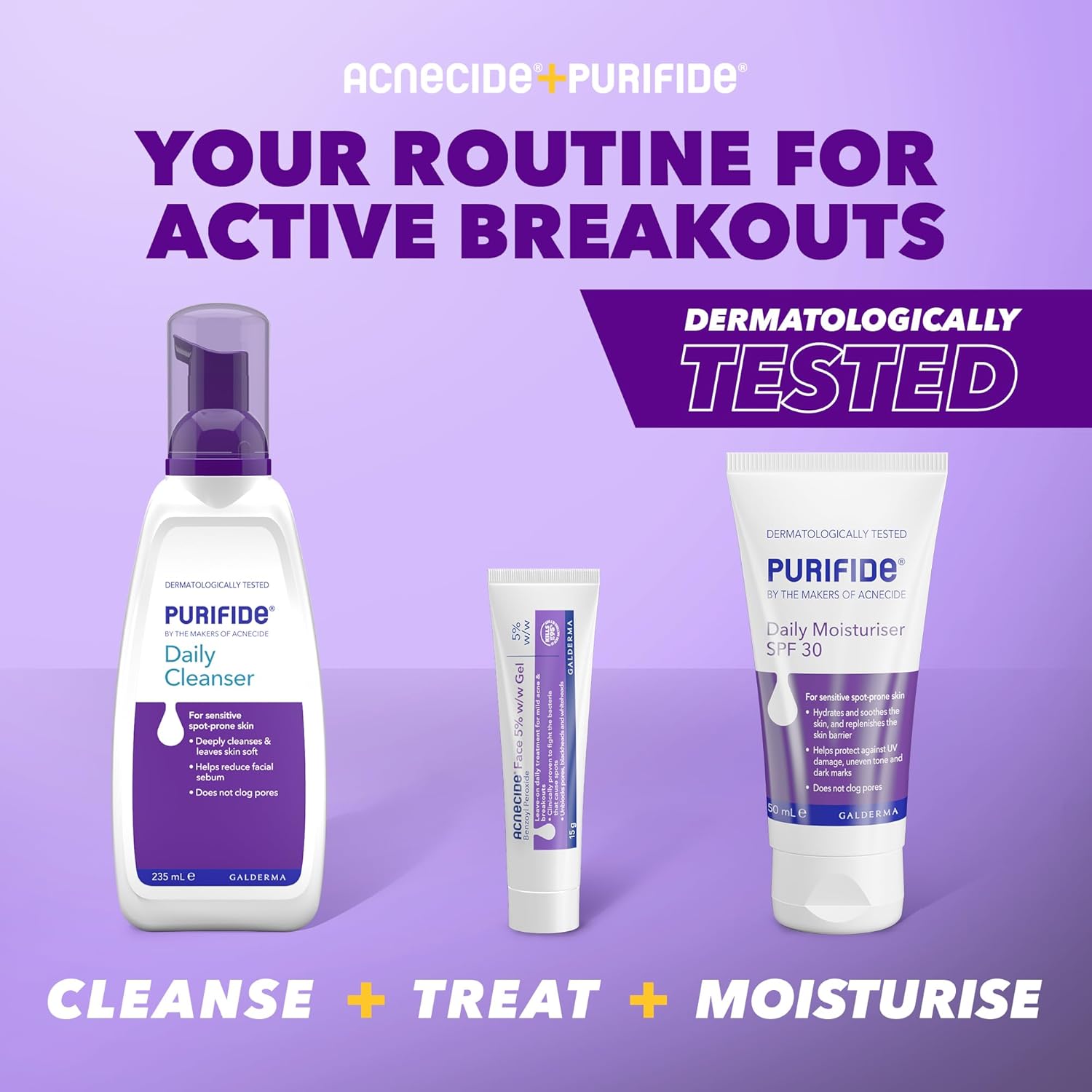 Acnecide 3-step skincare routine showing cleanse, treat, and moisturise
