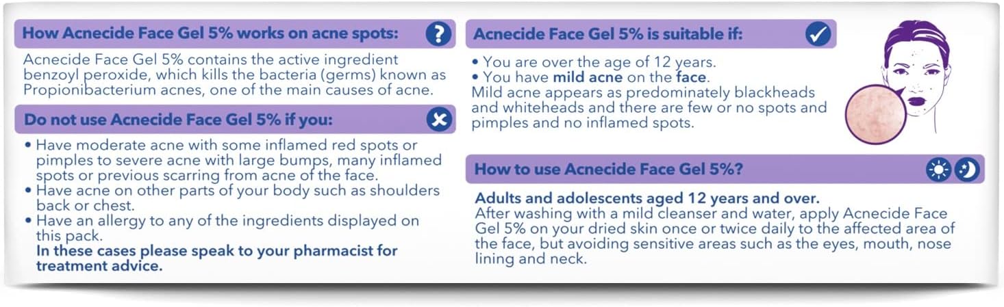 Acnecide Face Gel usage instructions and suitability card