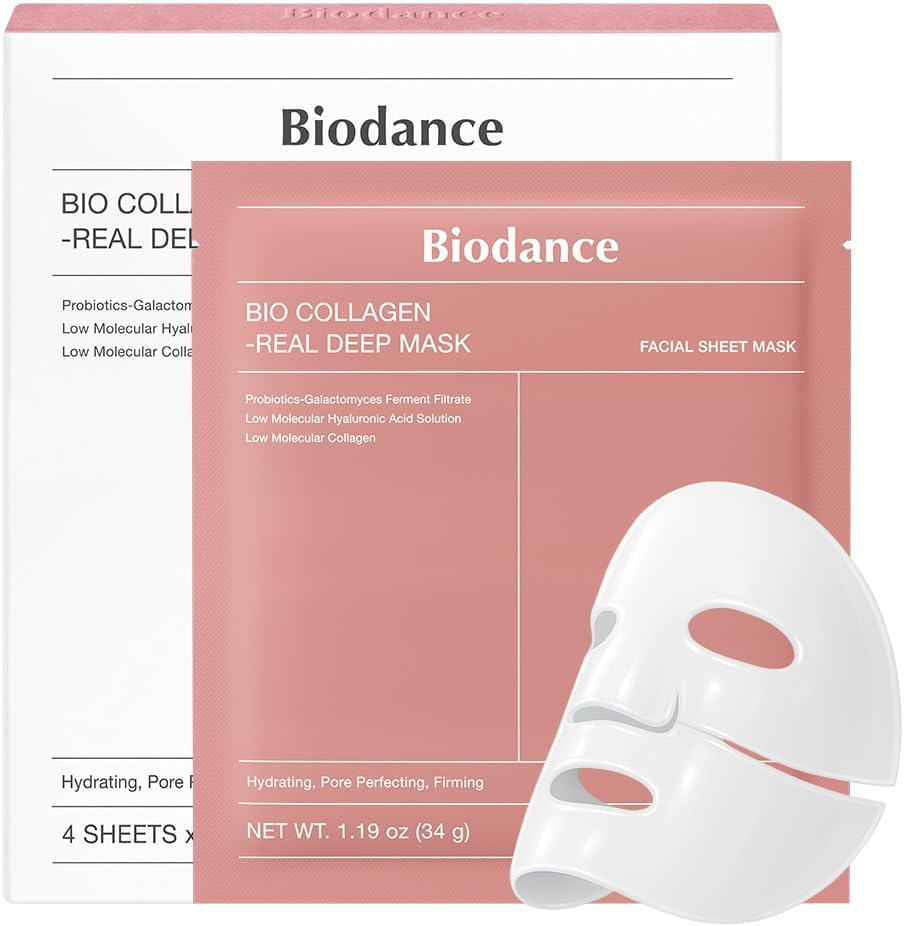 BIODANCE Bio-Collagen Real Deep Face Mask box, individual sachet, and transparent hydrogel mask sheet