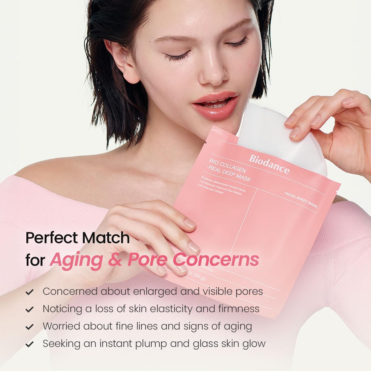 Model holding BIODANCE Bio-Collagen mask sachet with list of targeted skin concerns including dryness, pores, and fine lines