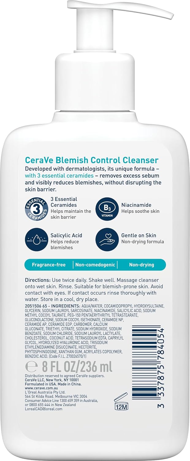 Back of CeraVe Blemish Control Cleanser bottle showing full ingredients list, benefits, and usage instructions