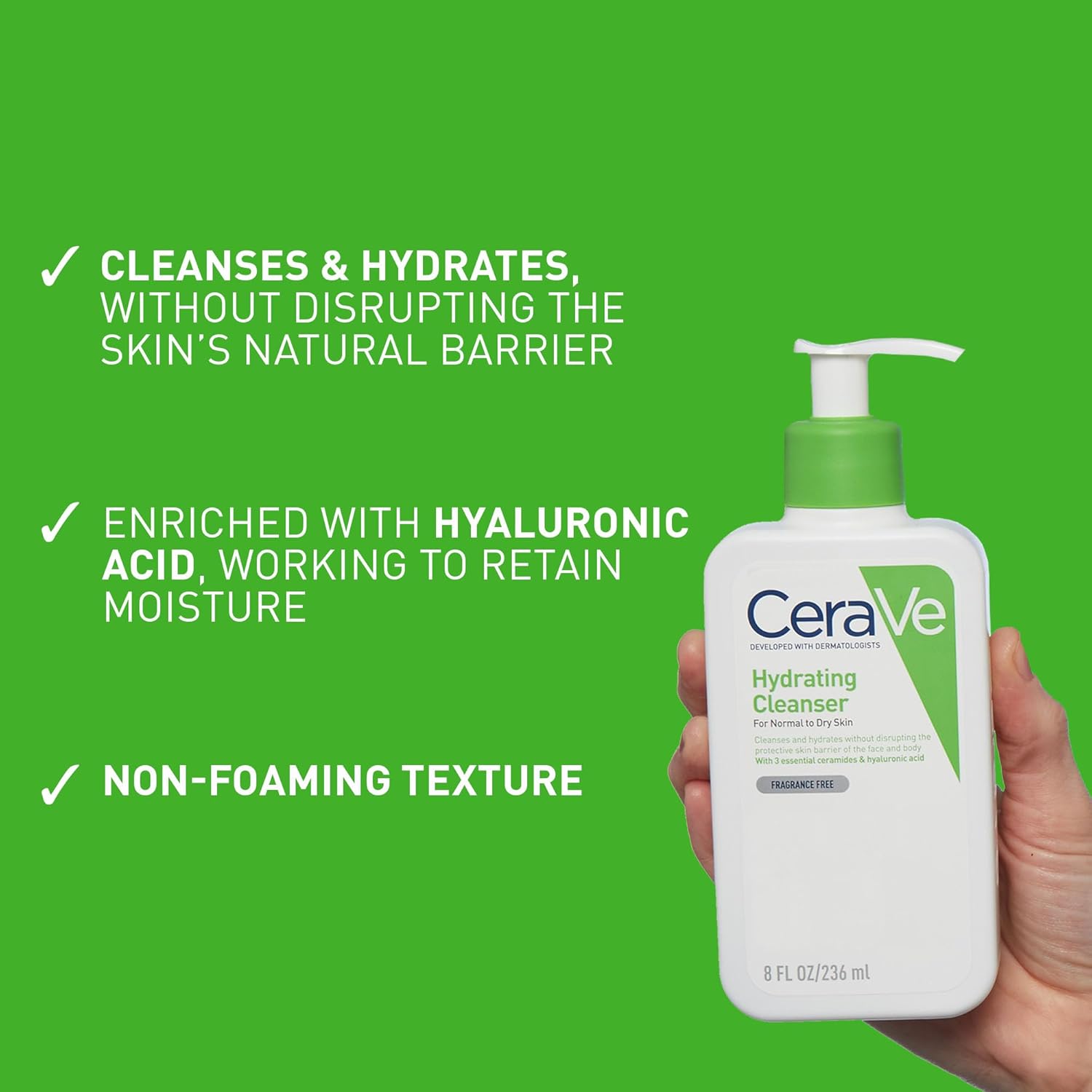 CeraVe Hydrating Cleanser benefits checklist including gentle formula, barrier protection, and daily use suitability