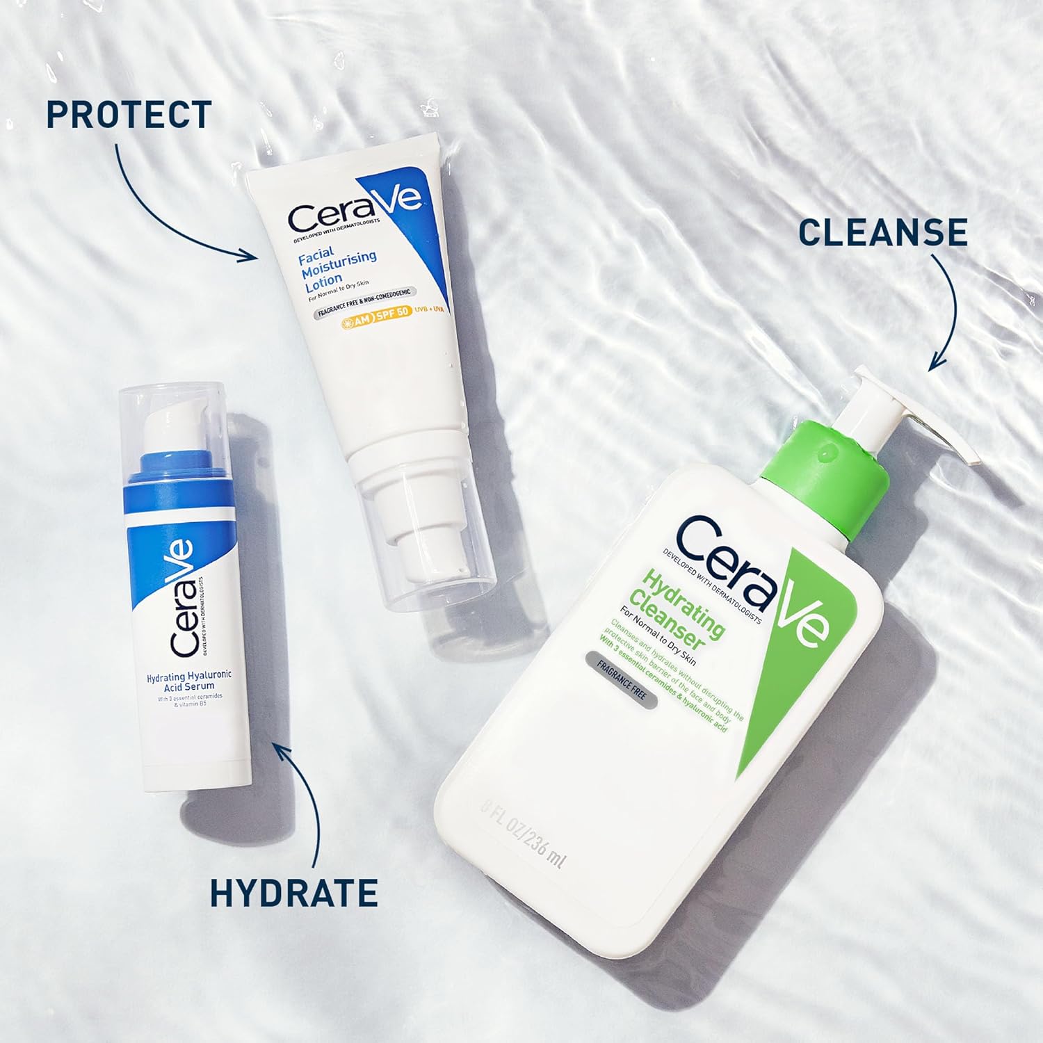 Three CeraVe products arranged as a complete skincare routine including cleanser, moisturiser, and sunscreen