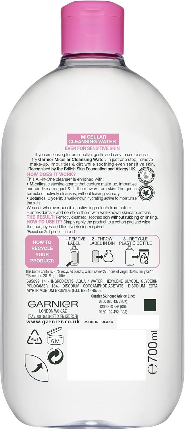 Back label of Garnier Micellar Cleansing Water 700ml showing full ingredients list and product information