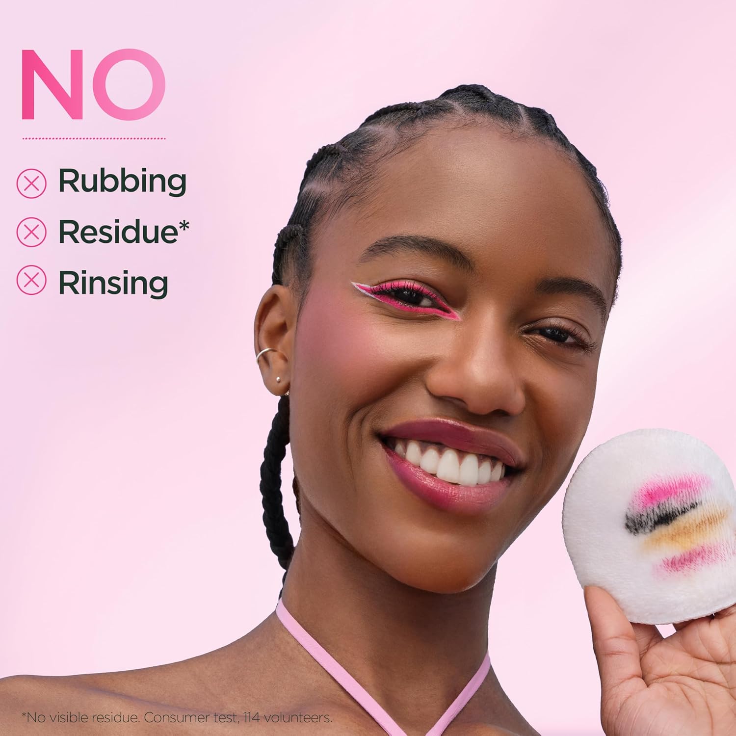 Garnier Micellar Water benefits infographic showing no rubbing, no residue, and no rinsing required