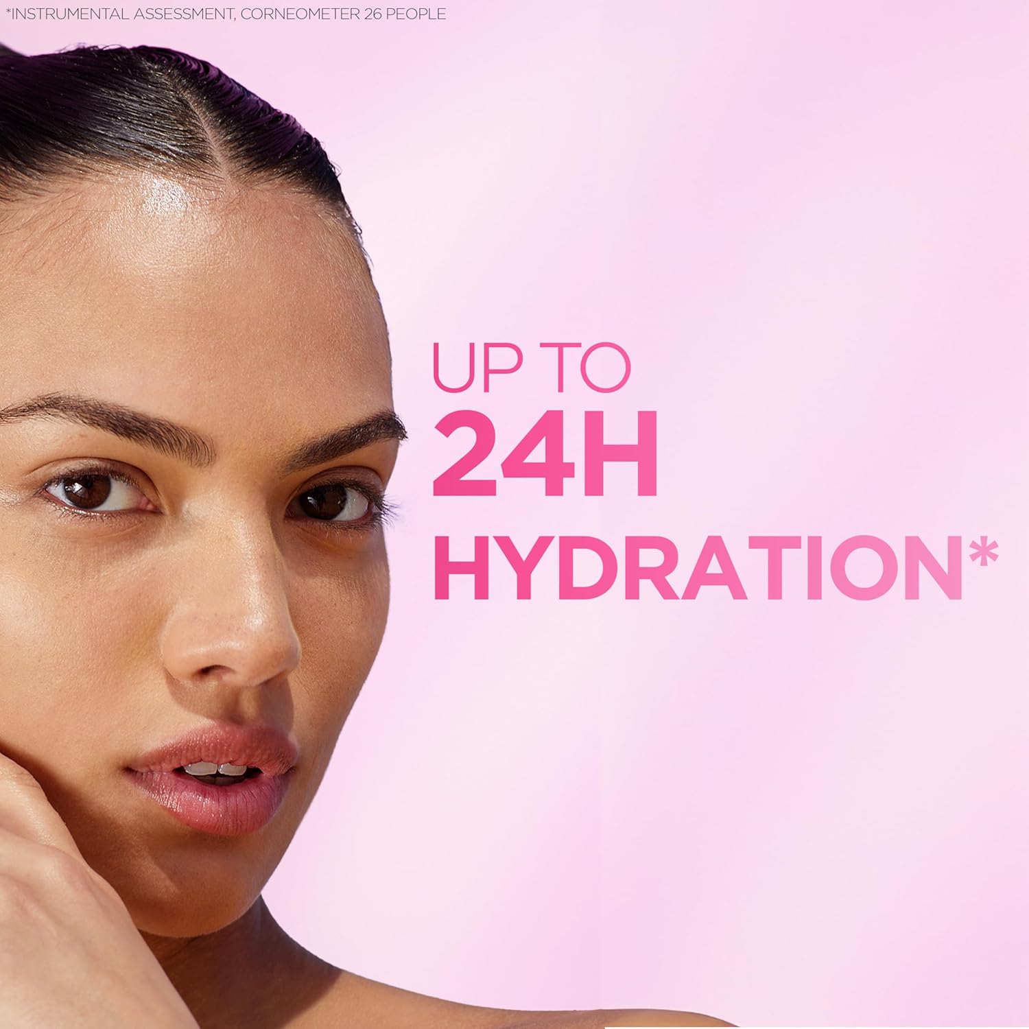 Garnier Micellar Water 24-hour hydration claim graphic showing skin stays moisturised all day