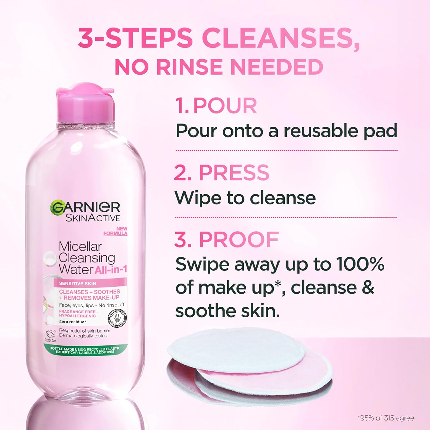 Three-step guide showing how to use Garnier Micellar Cleansing Water: soak cotton pad, wipe face, and enjoy clean skin