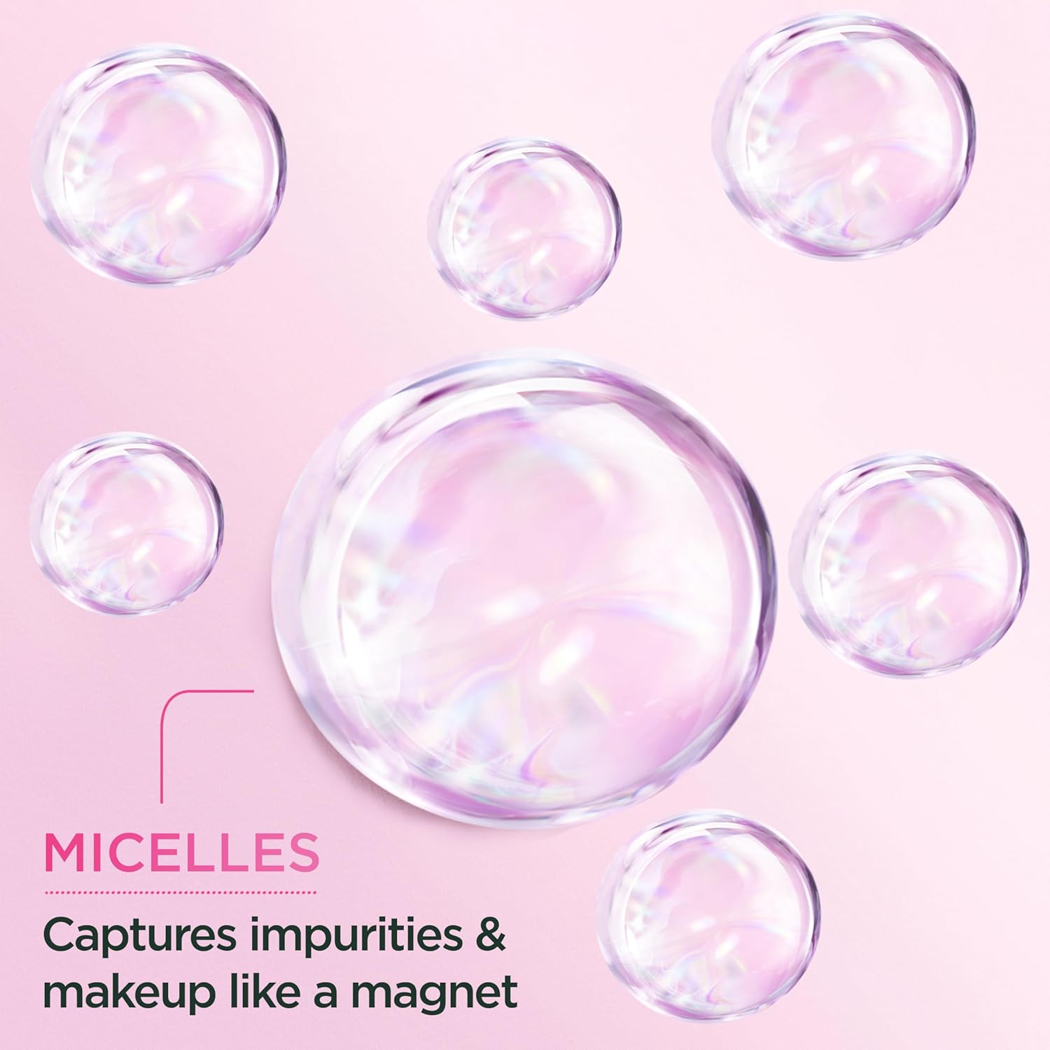 Close-up of Garnier micelles technology showing how the tiny oil molecules capture and lift away dirt and makeup