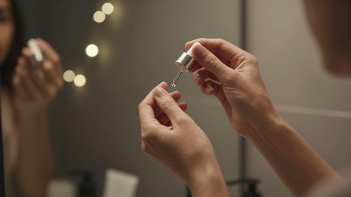 A dressing table mirror lit for a December night out, with a hand pressing moisturiser into bare skin and a party dress hanging behind, showing skin prep before a UK Christmas party