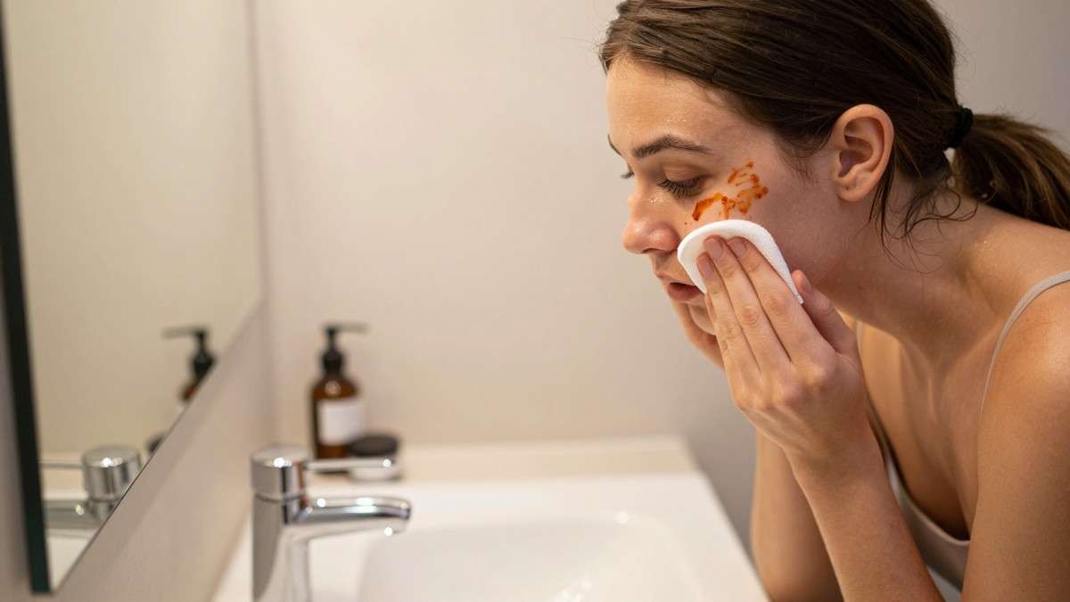 A woman at a bathroom mirror late at night wiping the last of her orange Halloween face paint off her cheek with a cotton pad