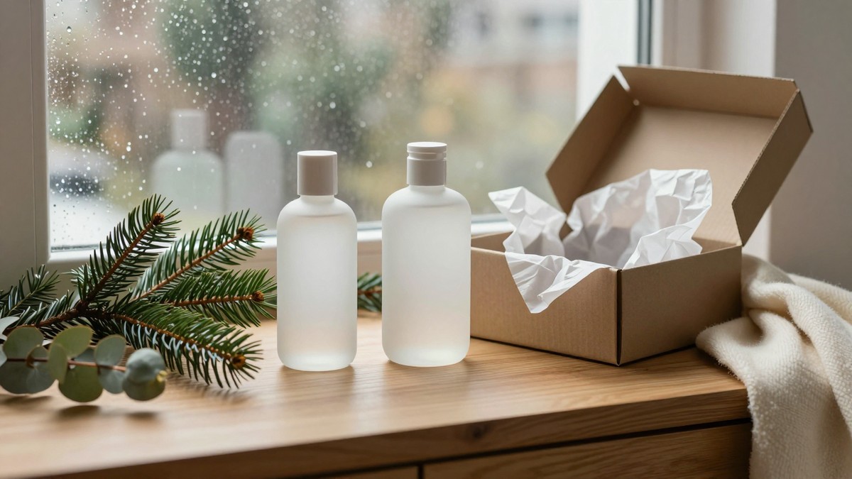 Two unlabelled frosted glass cosmetic bottles and an open cardboard gift box lined with tissue paper on a wooden dressing table, with pine and eucalyptus sprigs, a cream wool throw and a rain-flecked winter window behind