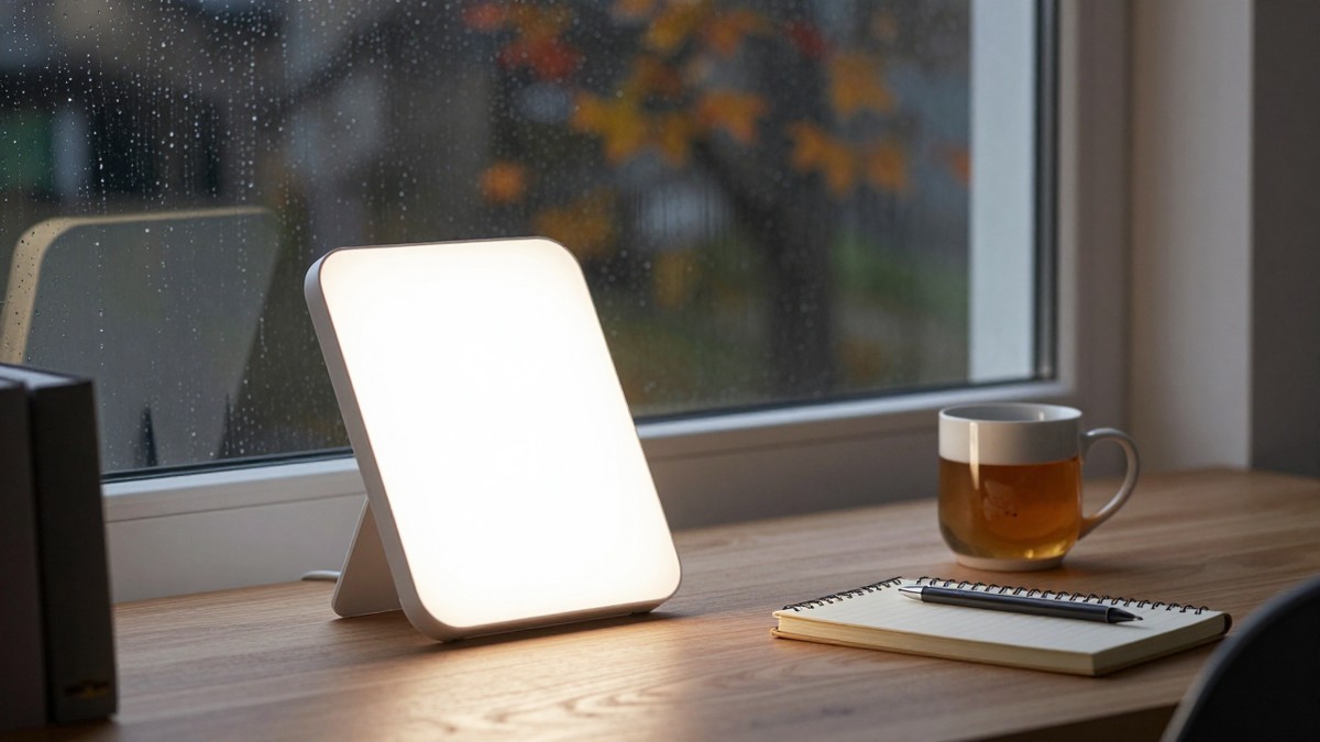 A white SAD light therapy lamp switched on beside a bowl of porridge and a mug of tea on a kitchen table, with a dark autumn morning and a rain-streaked window behind it