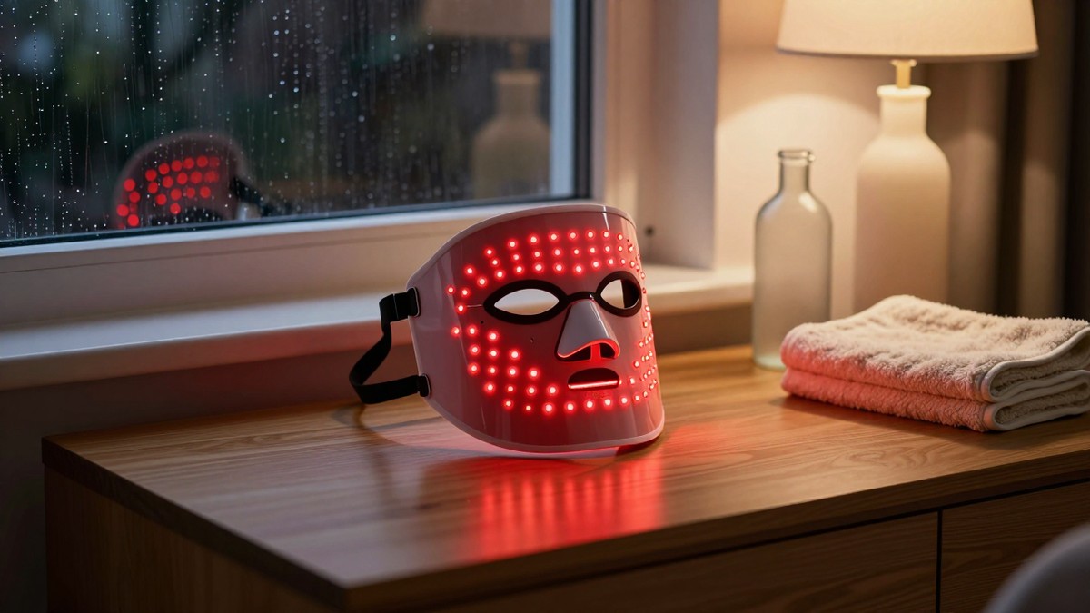 An LED light therapy face mask glowing red on a wooden bedroom dressing table beside a rain-streaked window on a dark autumn evening