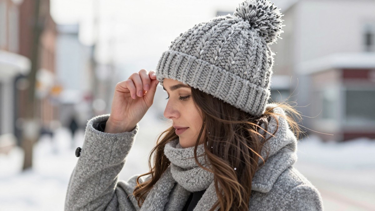 Woman with long fine hair lifting off a grey knitted bobble hat on a snowy winter street, strands rising with static