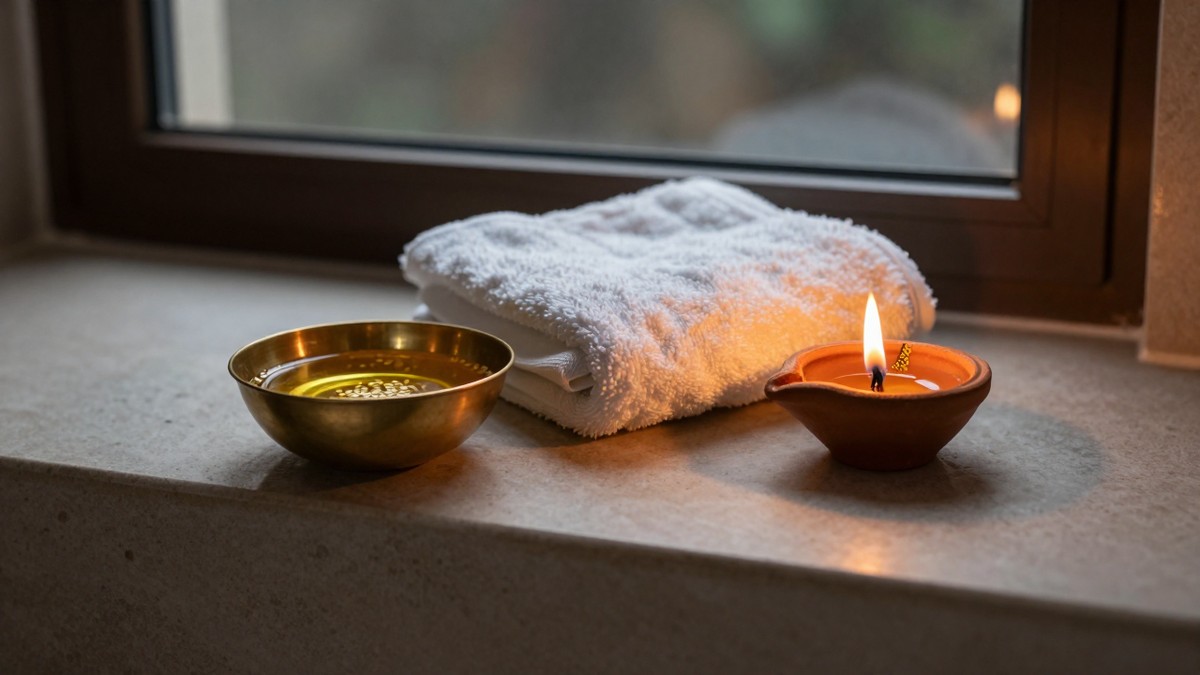 A brass bowl of pale sesame oil, a folded cotton towel and a lit diya on a bathroom shelf before dawn on a dark November morning