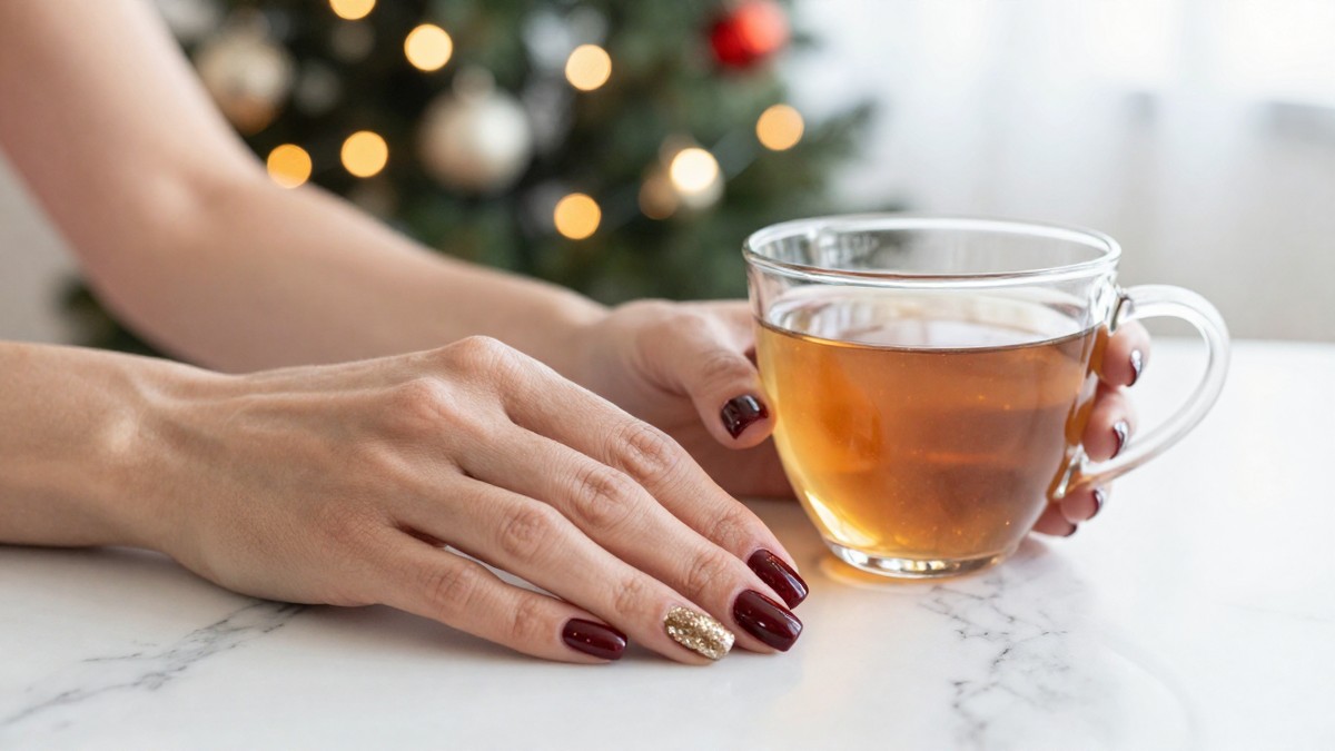 Woman's hands with a fresh deep red and gold glitter festive manicure resting beside a mug of tea, with a lit Christmas tree blurred behind