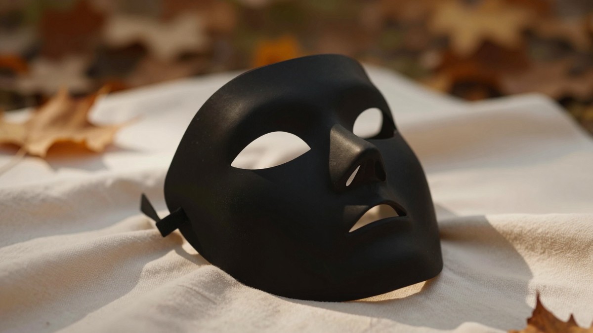 A matte black moulded full-face Halloween costume mask lying face up on soft cream cotton fabric, with blurred autumn leaves behind it in warm low light