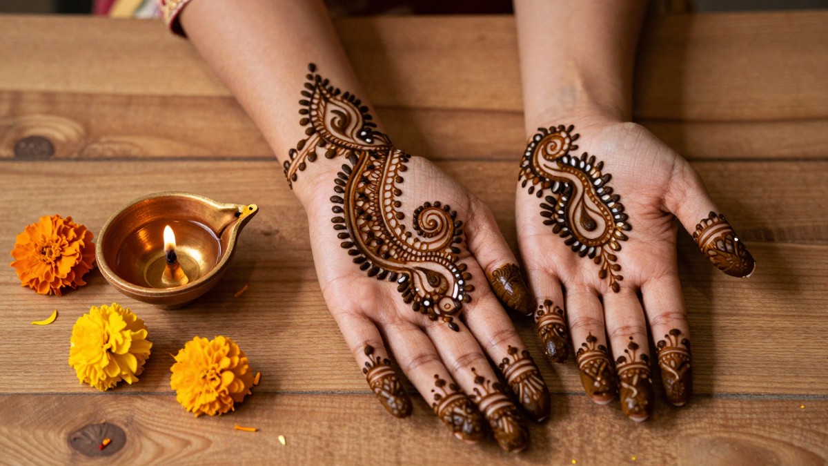 Fresh henna mehndi paste in paisley patterns on a woman's palms beside a lit brass diya and marigolds before Diwali